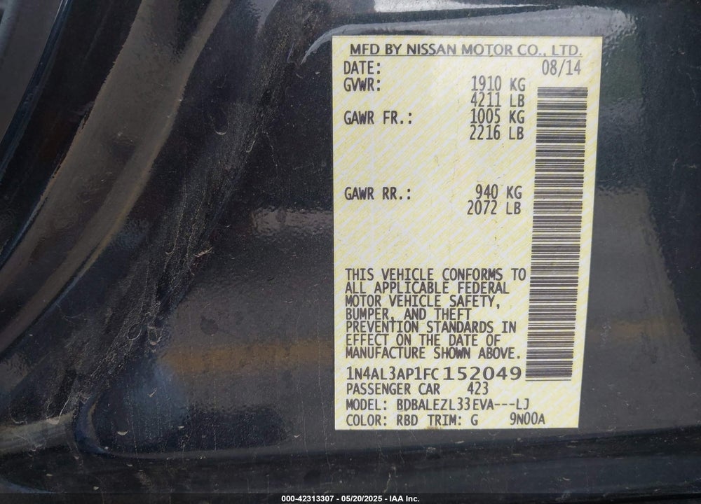 2015 NISSAN ALTIMA VIN: 1N4AL3AP1FC152049