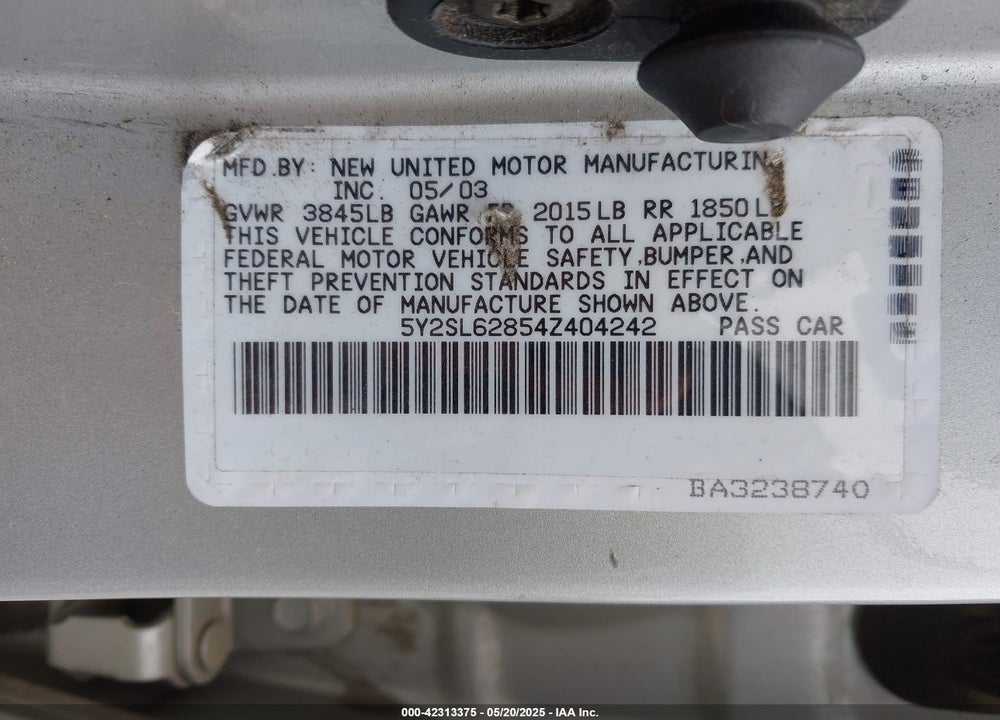 2004 PONTIAC VIBE VIN: 5Y2SL62854Z404242