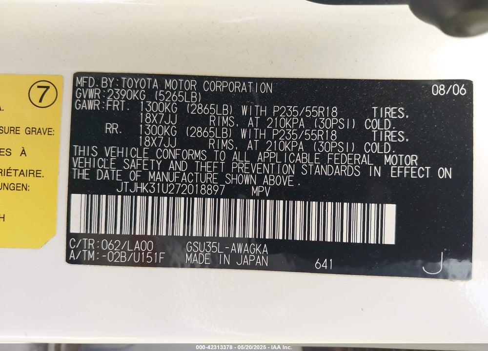 2007 LEXUS RX 350 VIN: JTJHK31U272018897