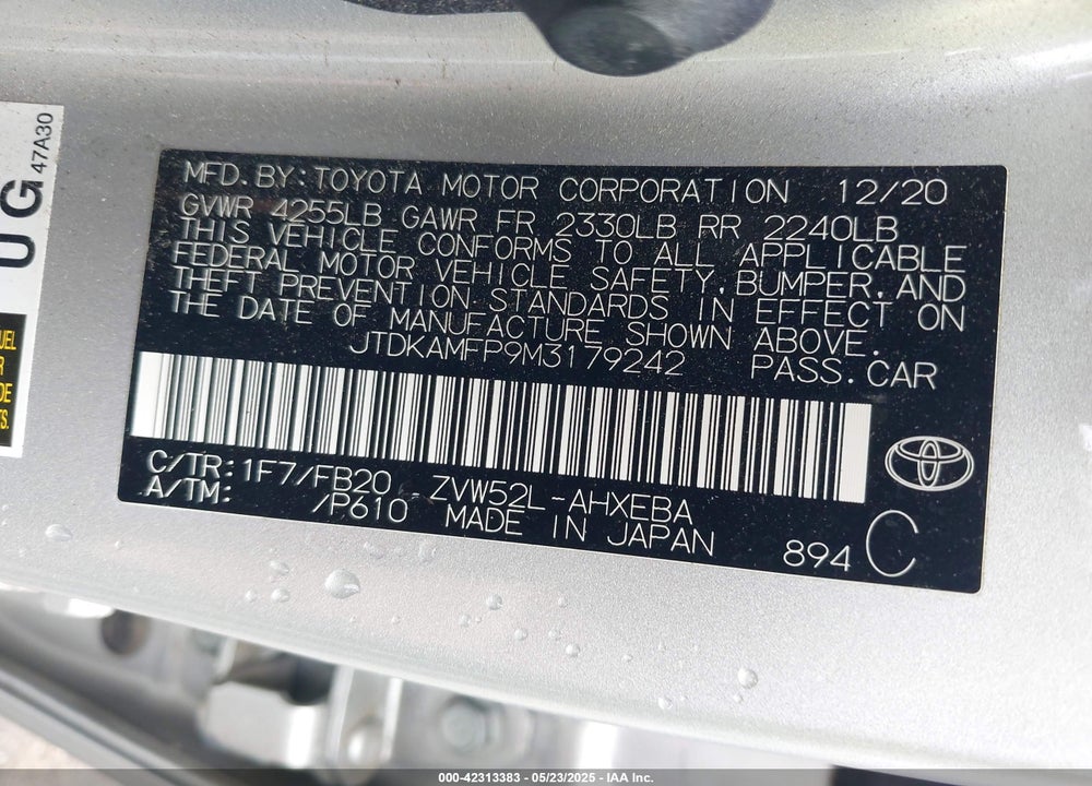 2021 TOYOTA PRIUS PRIME VIN: JTDKAMFP9M3179242