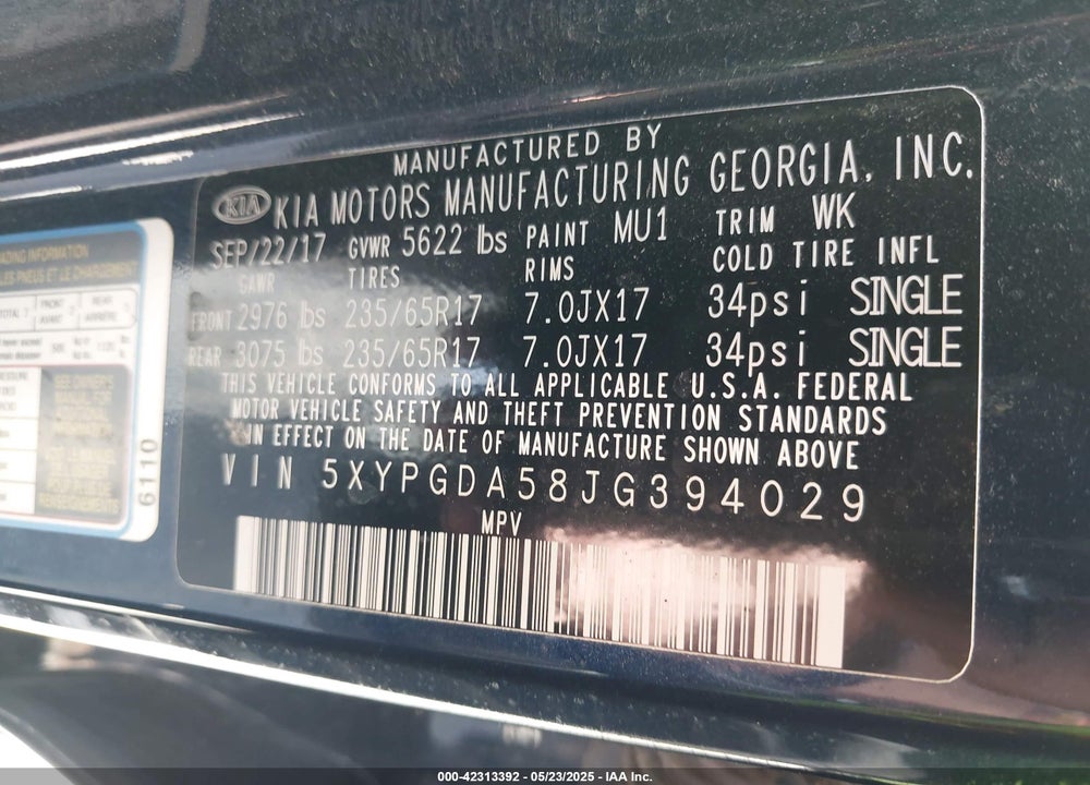 2018 KIA SORENTO VIN: 5XYPGDA58JG394029