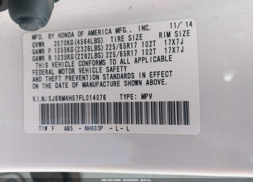 2015 HONDA CR-V VIN: 5J6RM4H57FL014076