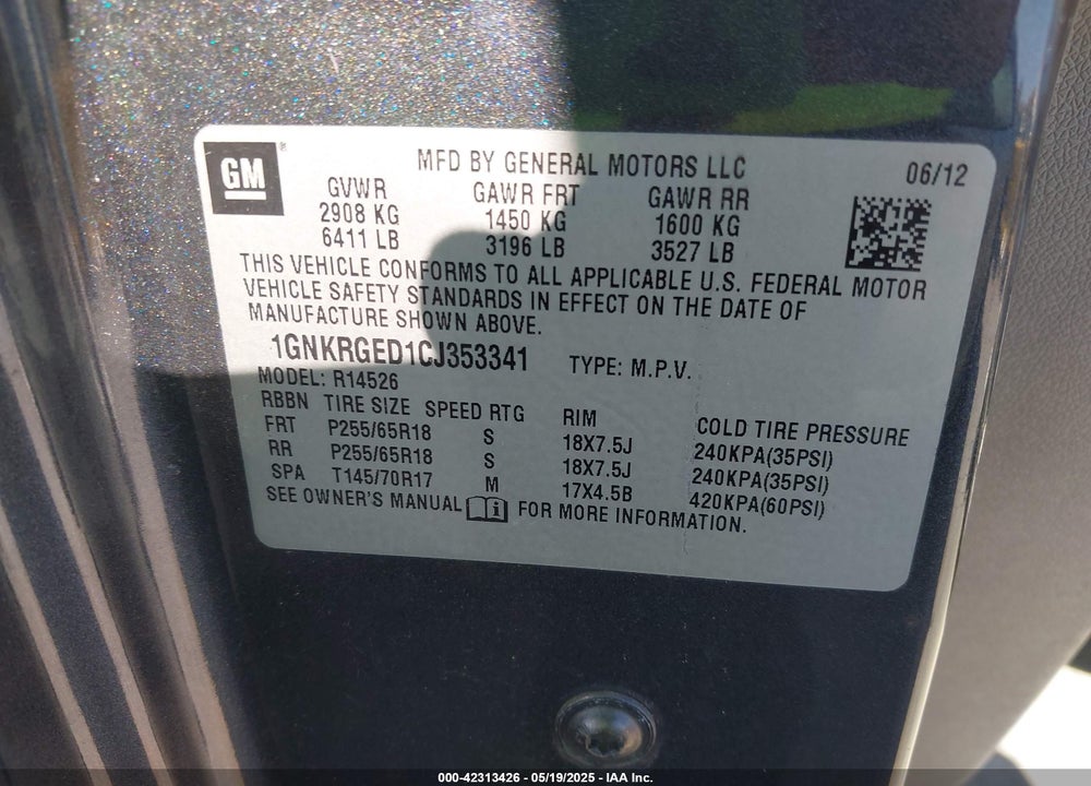 2012 CHEVROLET TRAVERSE VIN: 1GNKRGED1CJ353341