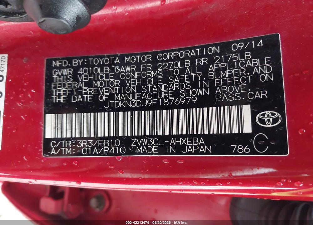 2015 TOYOTA PRIUS VIN: JTDKN3DU9F1876979
