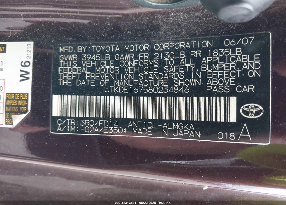 2008 SCION TC VIN: JTKDE167580234846