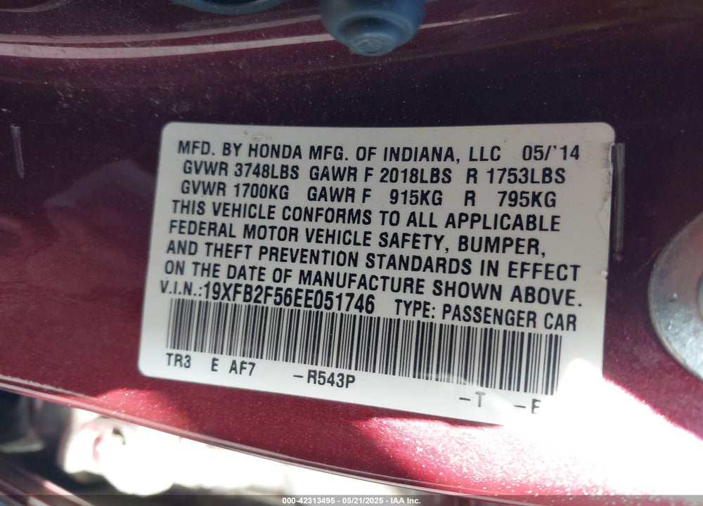 2014 HONDA CIVIC LX VIN: 19XFB2F56EE051746