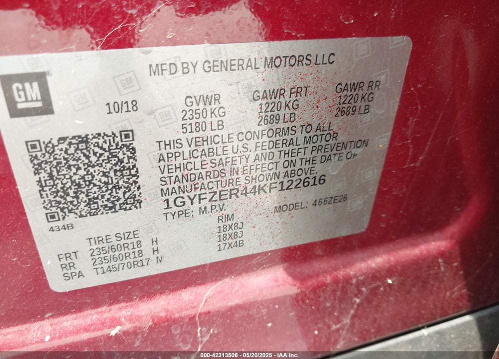 2019 CADILLAC XT4 VIN: 1GYFZER44KF122616