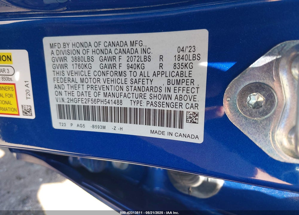 2023 HONDA CIVIC VIN: 2HGFE2F56PH541488