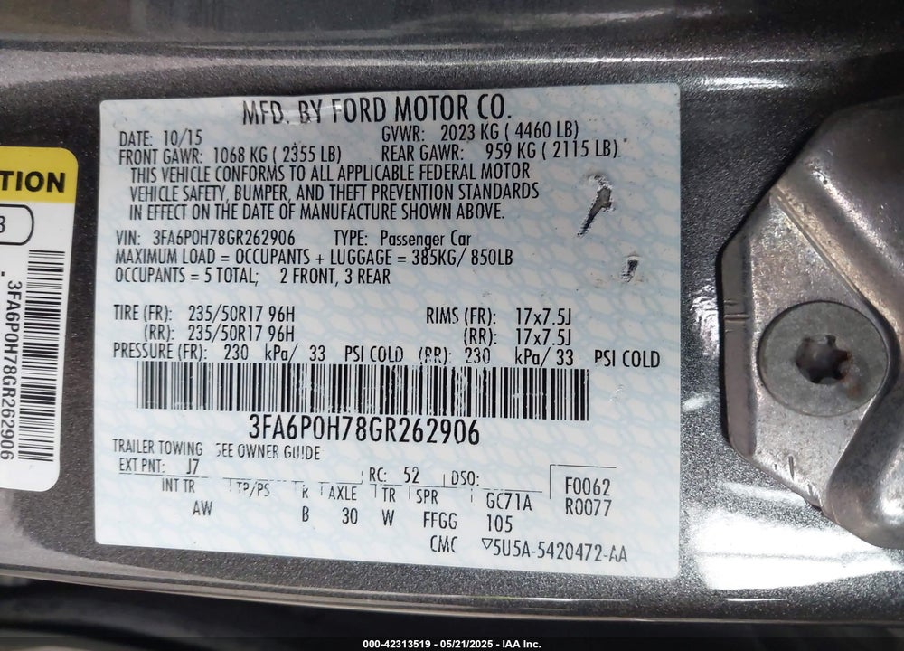 2016 FORD FUSION SE VIN: 3FA6P0H78GR262906