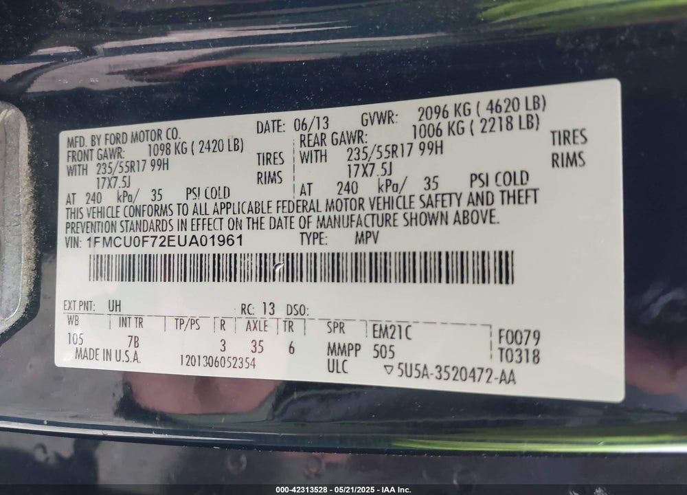 2014 FORD ESCAPE VIN: 1FMCU0F72EUA01961