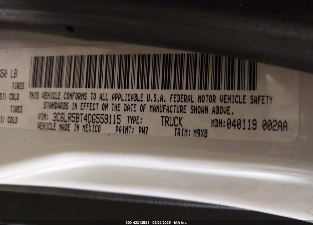 2013 RAM 2500 VIN: 3C6LR5BT4DG559115