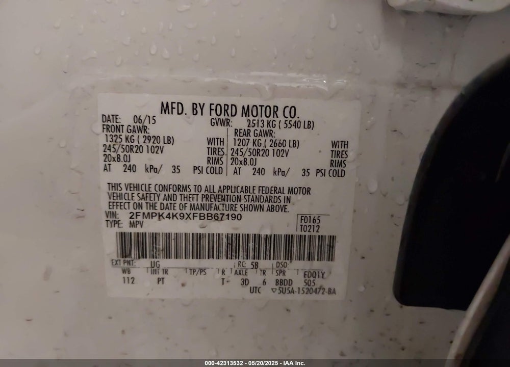 2015 FORD EDGE VIN: 2FMPK4K9XFBB67190