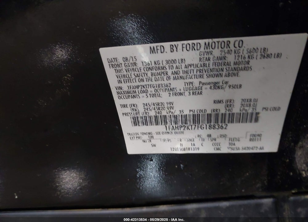 2015 FORD TAURUS VIN: 1FAHP2KT7FG188362
