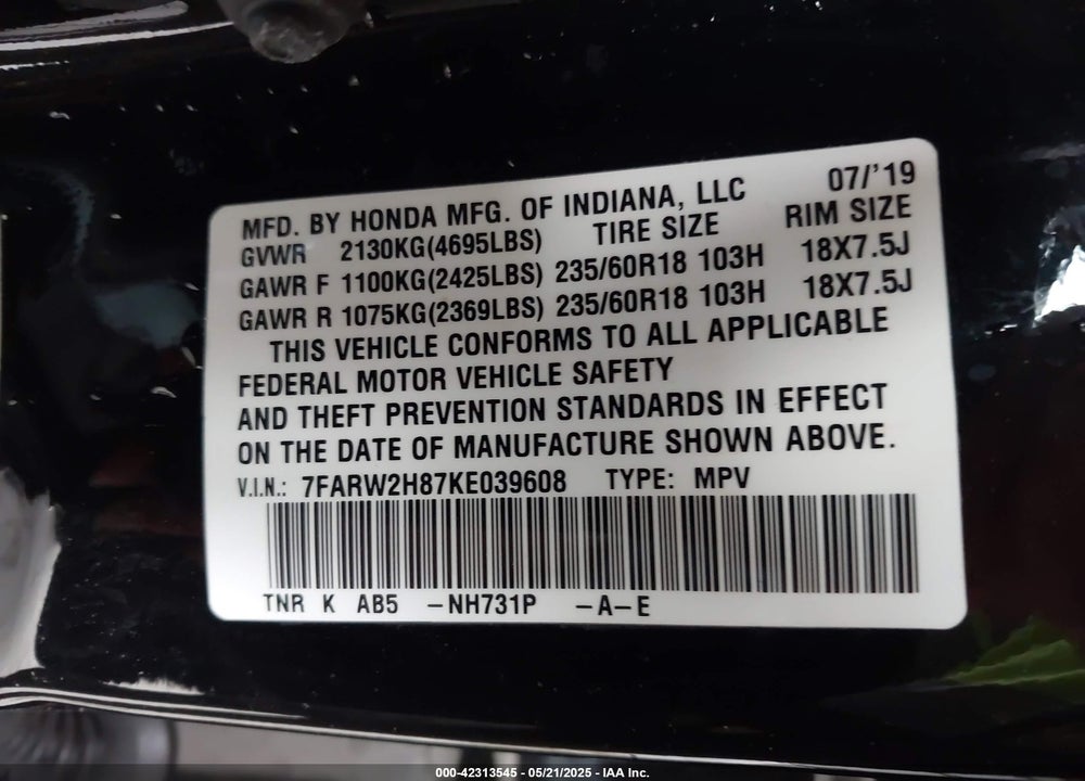 2019 HONDA CR-V VIN: 7FARW2H87KE039608