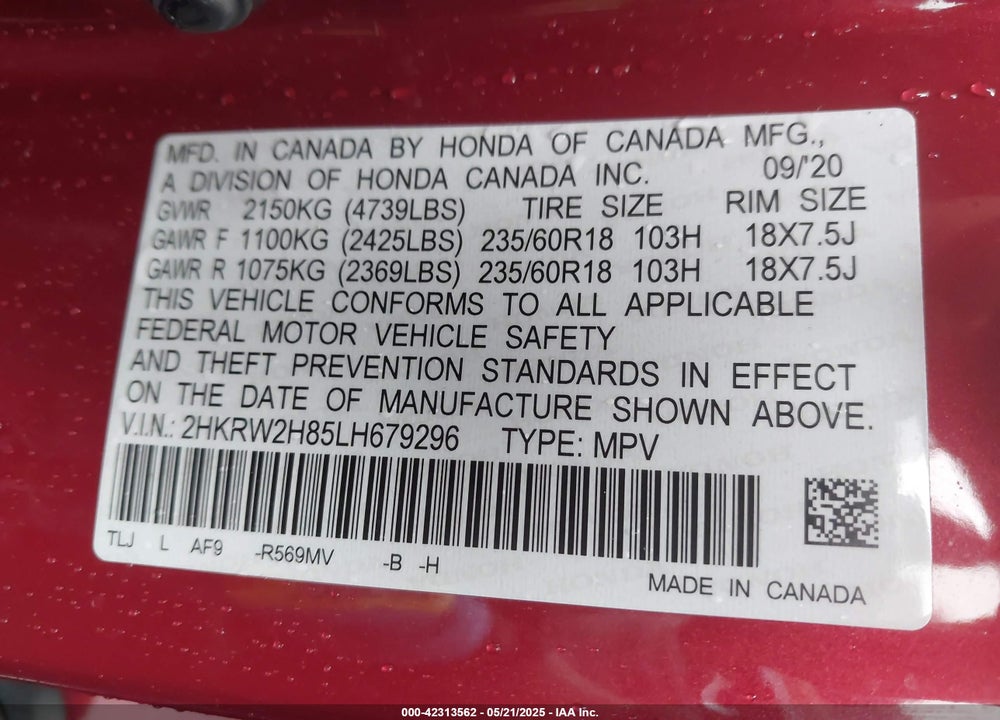 2020 HONDA CR-V AWD EX-L VIN: 2HKRW2H85LH679296