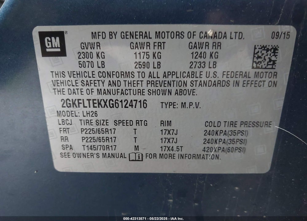 2016 GMC TERRAIN SLE-2 VIN: 2GKFLTEKXG6124716