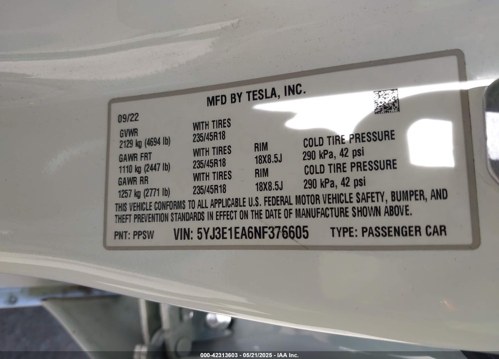 2022 TESLA MODEL 3 REAR-WHEEL DRIVE VIN: 5YJ3E1EA6NF376605