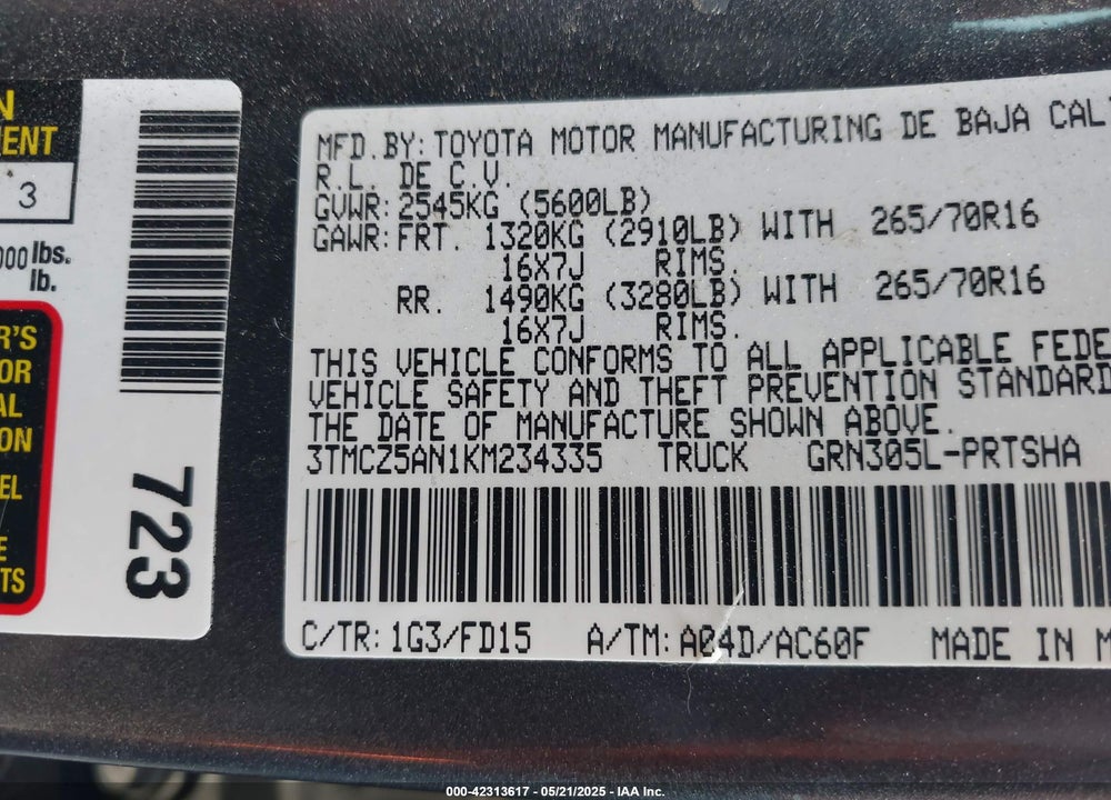 2019 TOYOTA TACOMA TRD OFF ROAD VIN: 3TMCZ5AN1KM234335