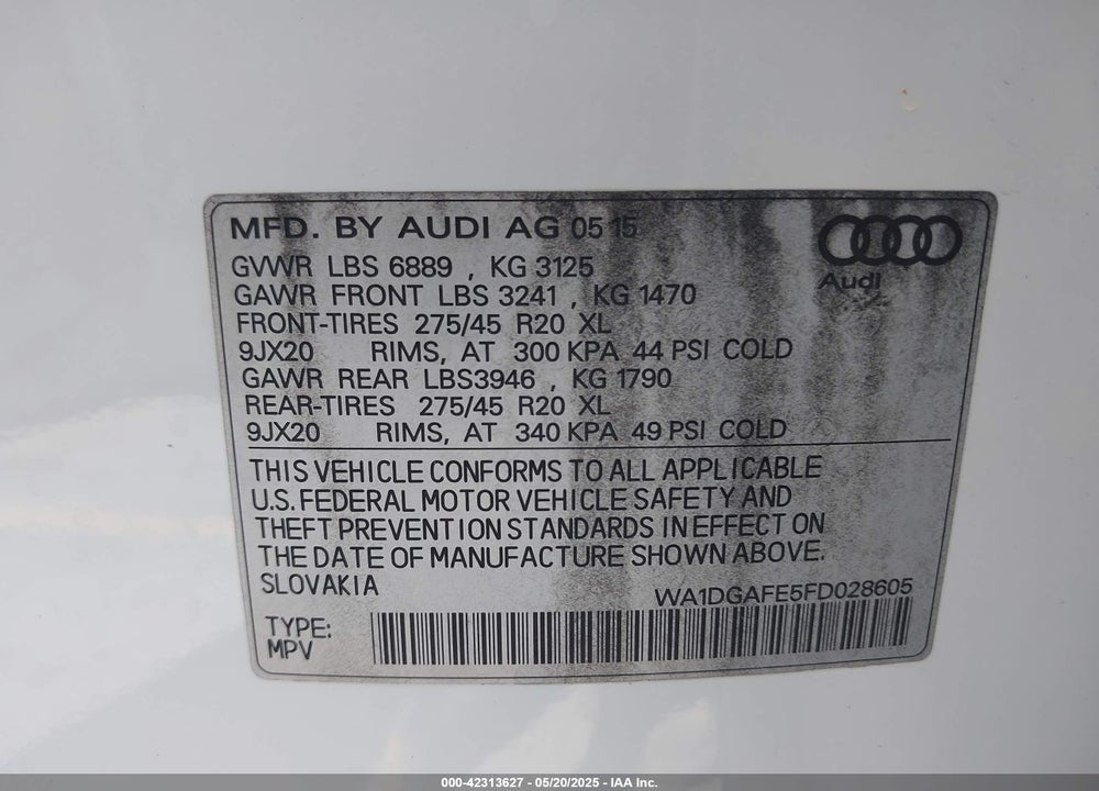 2015 AUDI Q7 VIN: WA1DGAFE5FD028605