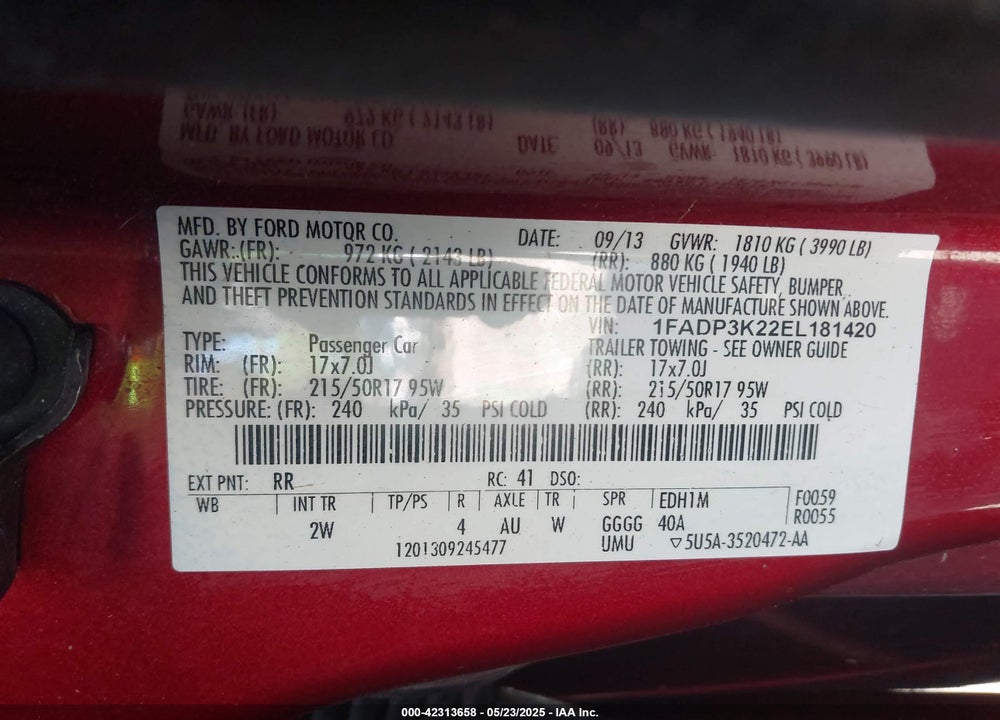2014 FORD FOCUS VIN: 1FADP3K22EL181420