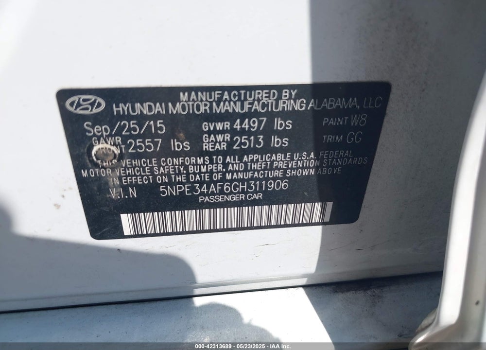 2016 HYUNDAI SONATA VIN: 5NPE34AF6GH311906