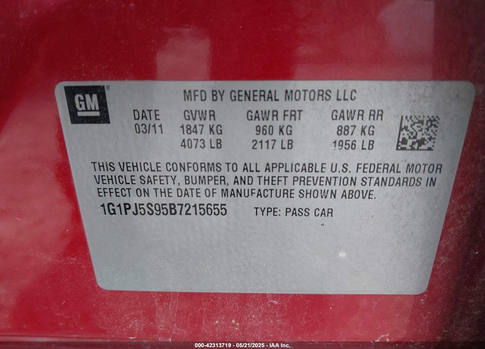 2011 CHEVROLET CRUZE ECO VIN: 1G1PJ5S95B7215655