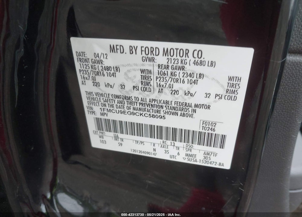 2012 FORD ESCAPE VIN: 1FMCU9EG9CKC58095