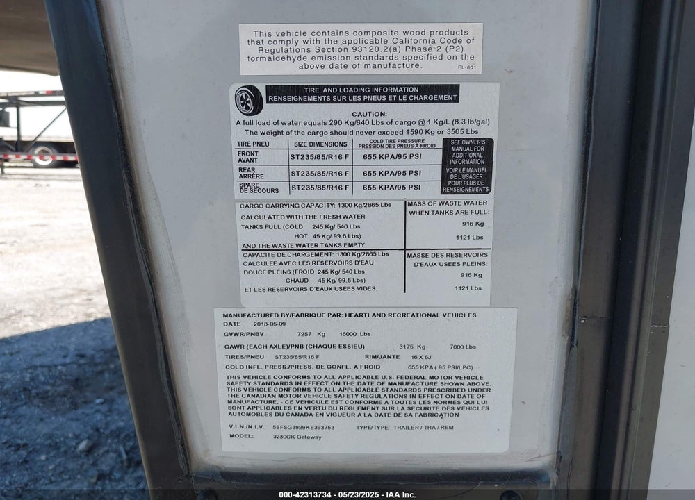 2019 HEARTLAND RV GATEWAY TRAVEL TRAILER VIN: 5SFSG3929KE393753