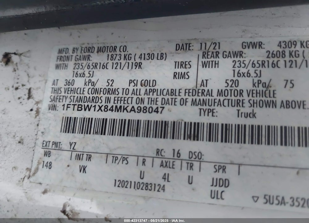 2021 FORD TRANSIT-350 VIN: 1FTBW1X84MKA98047