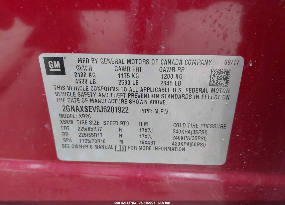 2018 CHEVROLET EQUINOX VIN: 2GNAXSEV8J6201922