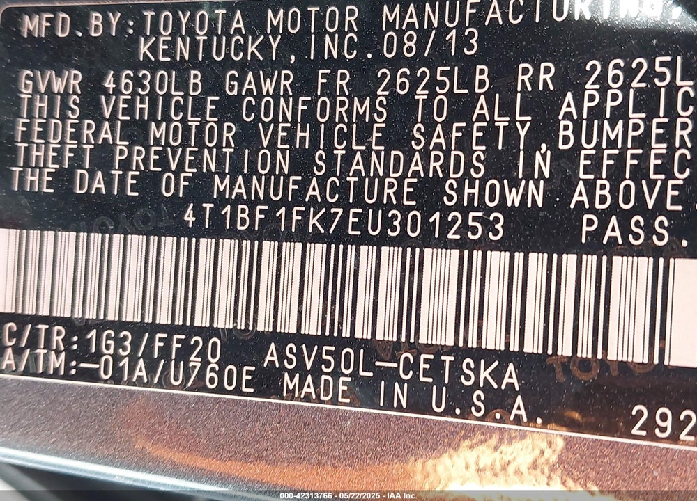 2014 TOYOTA CAMRY SE VIN: 4T1BF1FK7EU301253