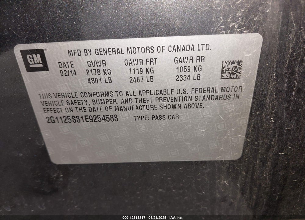 2014 CHEVROLET IMPALA VIN: 2G1125S31E9254583