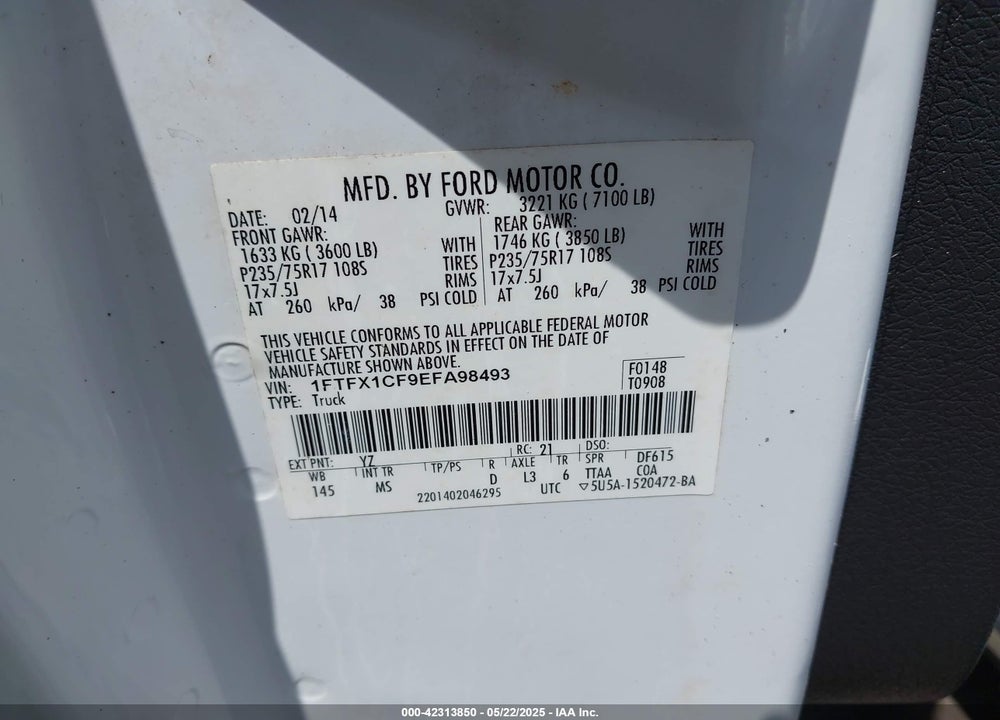 2014 FORD F-150 VIN: 1FTFX1CF9EFA98493