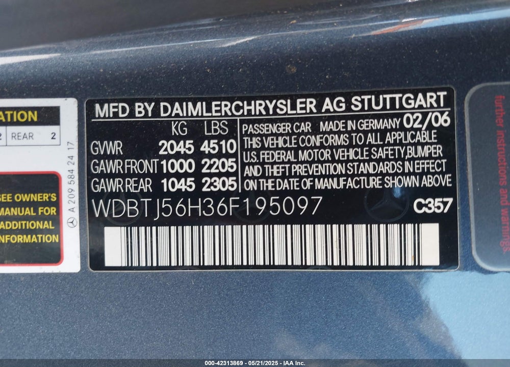 2006 MERCEDES-BENZ CLK 350 VIN: WDBTJ56H36F195097