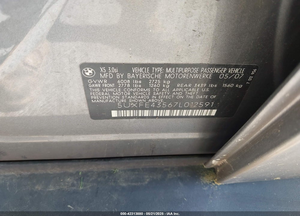 2007 BMW X5 3.0SI VIN: 5UXFE43567L012591