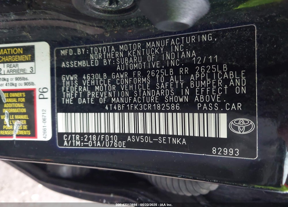 2012 TOYOTA CAMRY VIN: 4T4BF1FK3CR182586