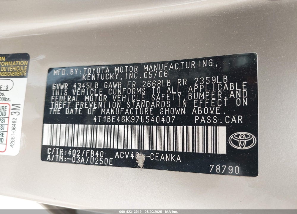 2007 TOYOTA CAMRY CE/LE/SE/XLE VIN: 4T1BE46K97U540407