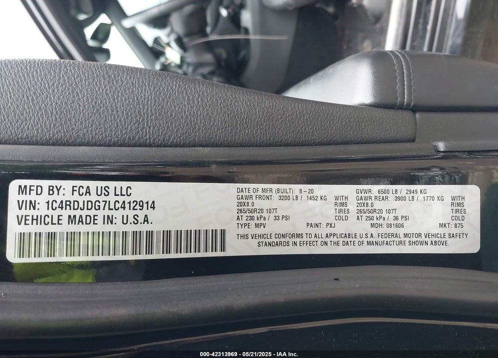 2020 DODGE DURANGO VIN: 1C4RDJDG7LC412914