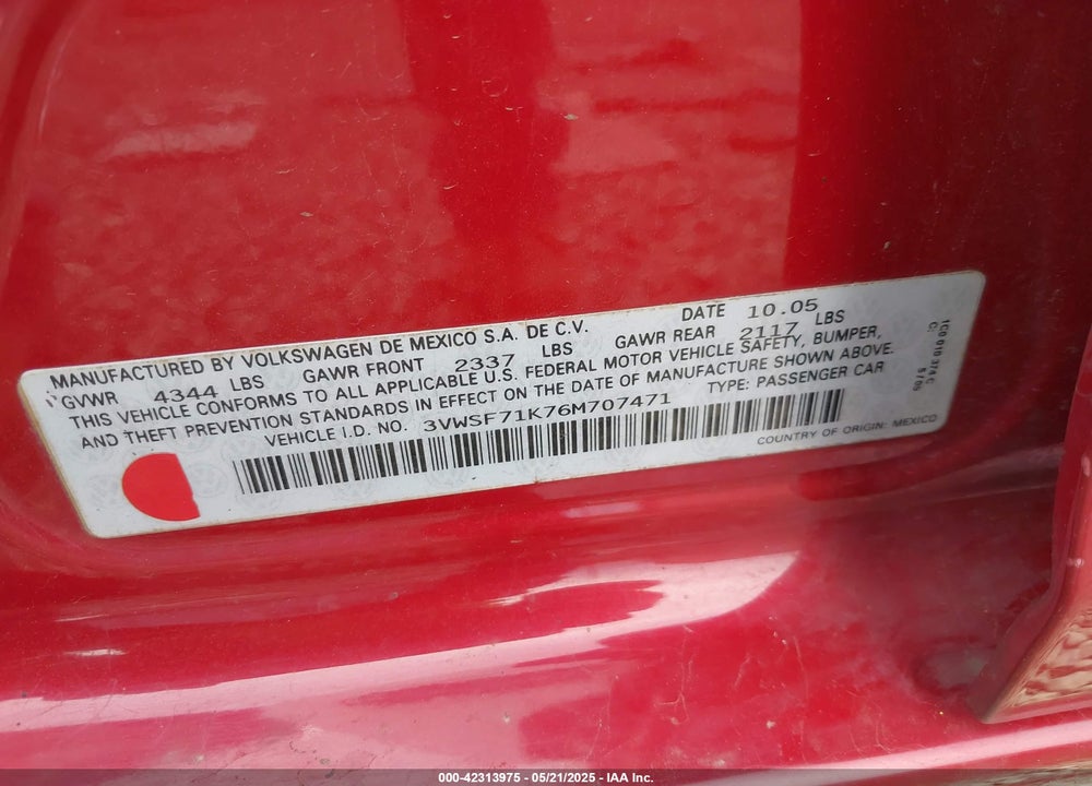 2006 VOLKSWAGEN JETTA VIN: 3VWSF71K76M707471