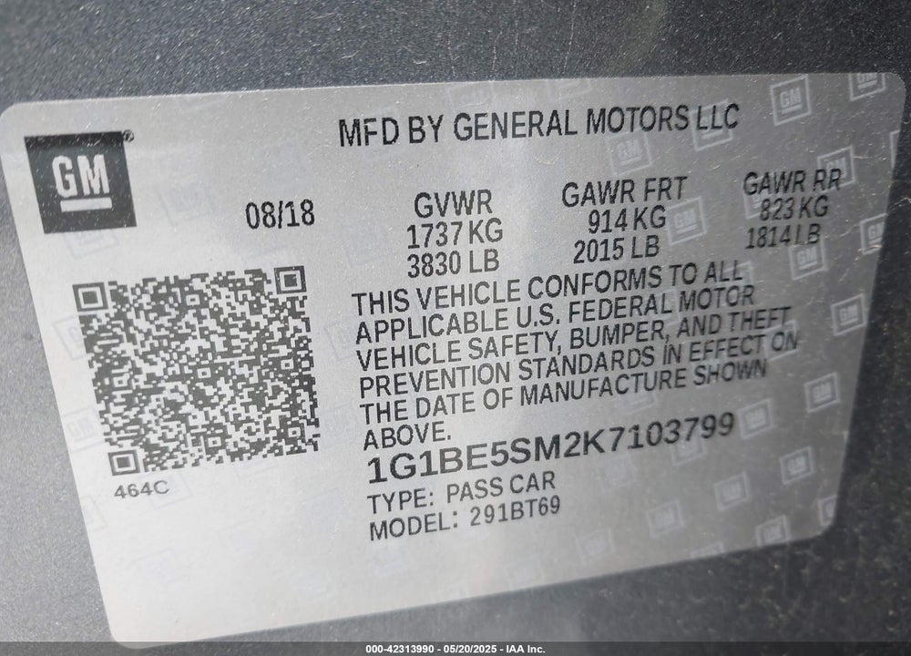2019 CHEVROLET CRUZE VIN: 1G1BE5SM2K7103799