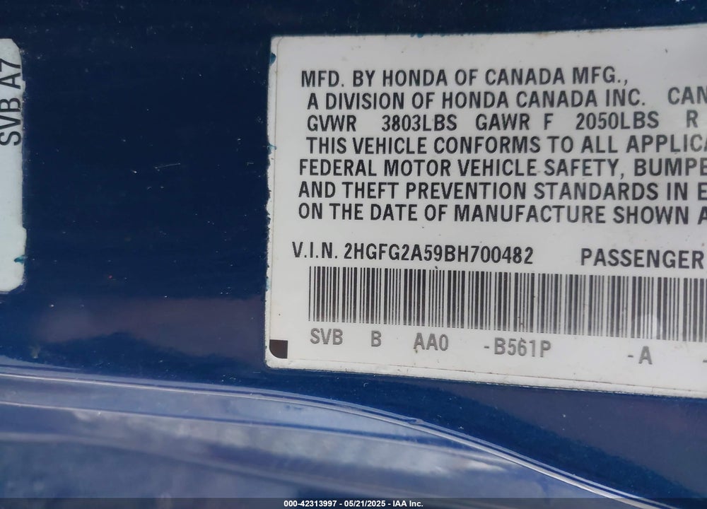 2011 HONDA CIVIC VIN: 2HGFG2A59BH700482