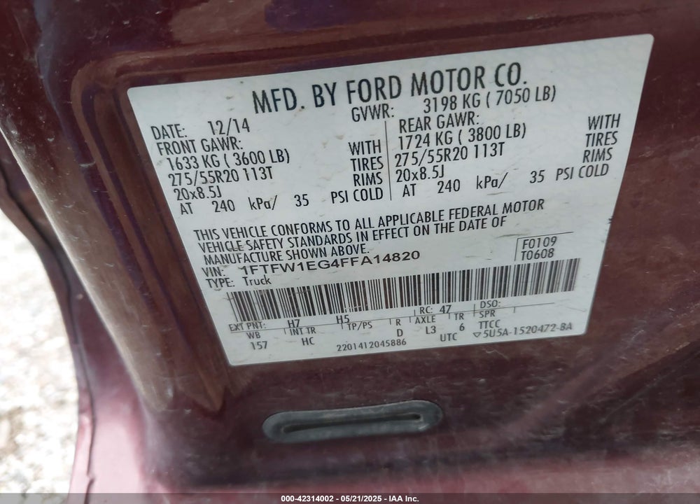 2015 FORD F-150 LARIAT VIN: 1FTFW1EG4FFA14820