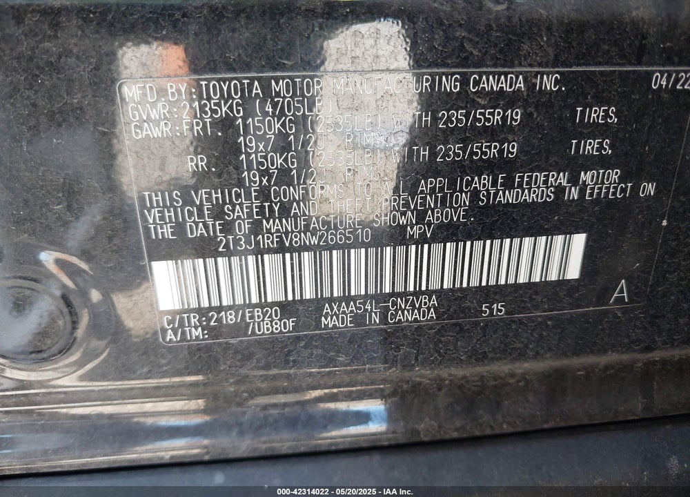2022 TOYOTA RAV4 VIN: 2T3J1RFV8NW266510