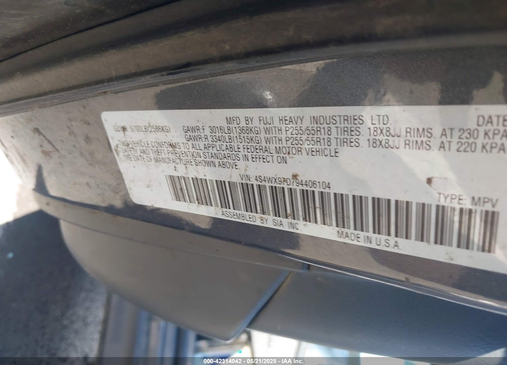2009 SUBARU TRIBECA VIN: 4S4WX97D794406104