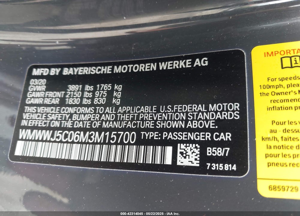 2021 MINI CONVERTIBLE COOPER S VIN: WMWWJ5C06M3M15700