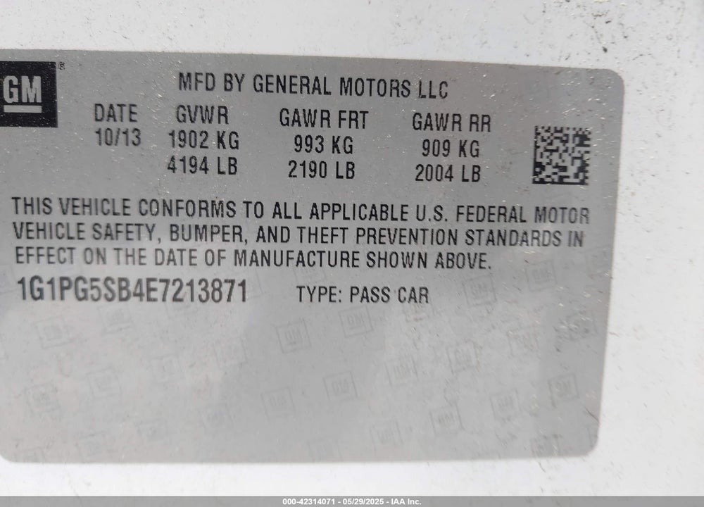 2014 CHEVROLET CRUZE VIN: 1G1PG5SB4E7213871