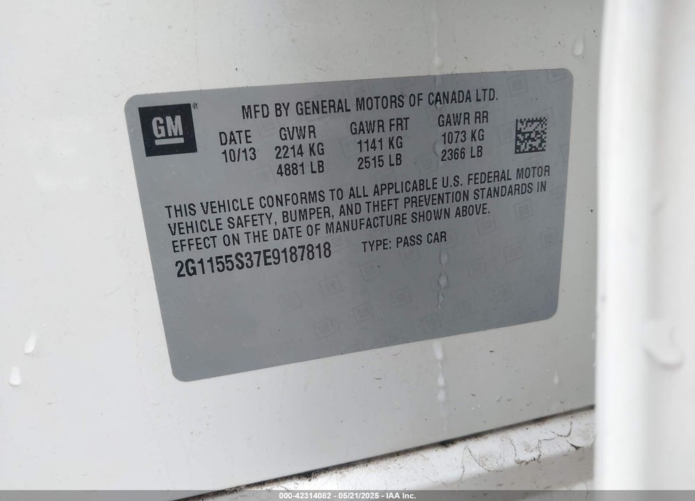 2014 CHEVROLET IMPALA VIN: 2G1155S37E9187818