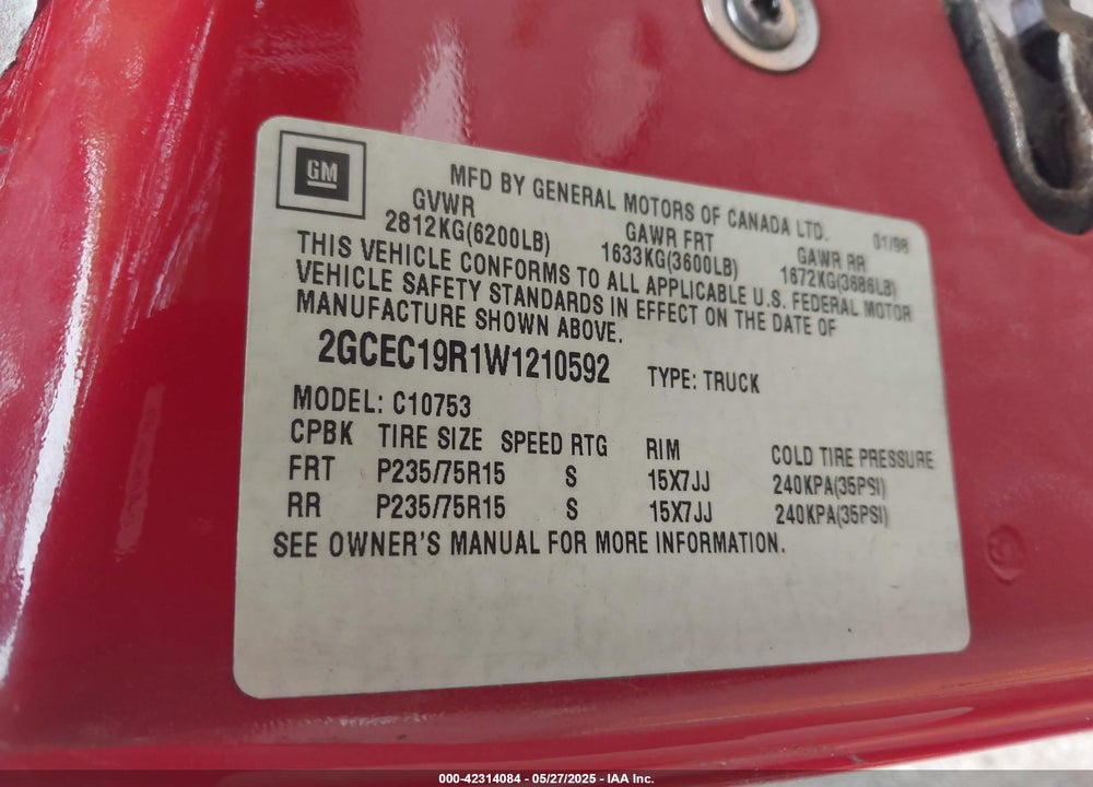 1998 CHEVROLET C1500 FLEETSIDE VIN: 2GCEC19R1W1210592