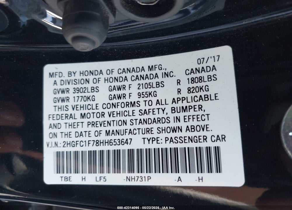 2017 HONDA CIVIC EX-L VIN: 2HGFC1F78HH653647