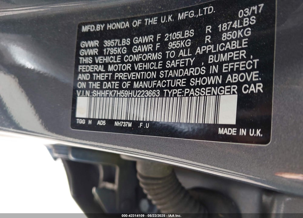 2017 HONDA CIVIC EX VIN: SHHFK7H59HU223663